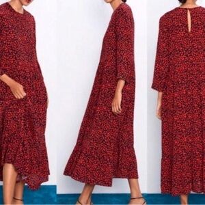 Zara Flowy Dress Red and Black Long Sleeve Dress. XS (Fits S) NWOT